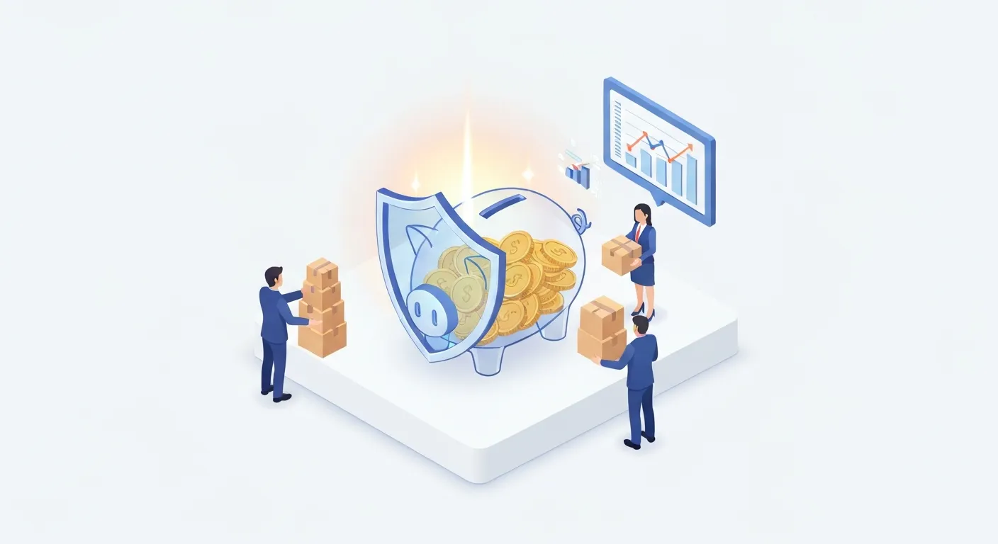 An isometric illustration showing how barter protects a company's cash flow. A large, shielded piggy bank represents saved cash, while nearby, business people exchange product boxes for digital icons of services, illustrating resourcefulness.