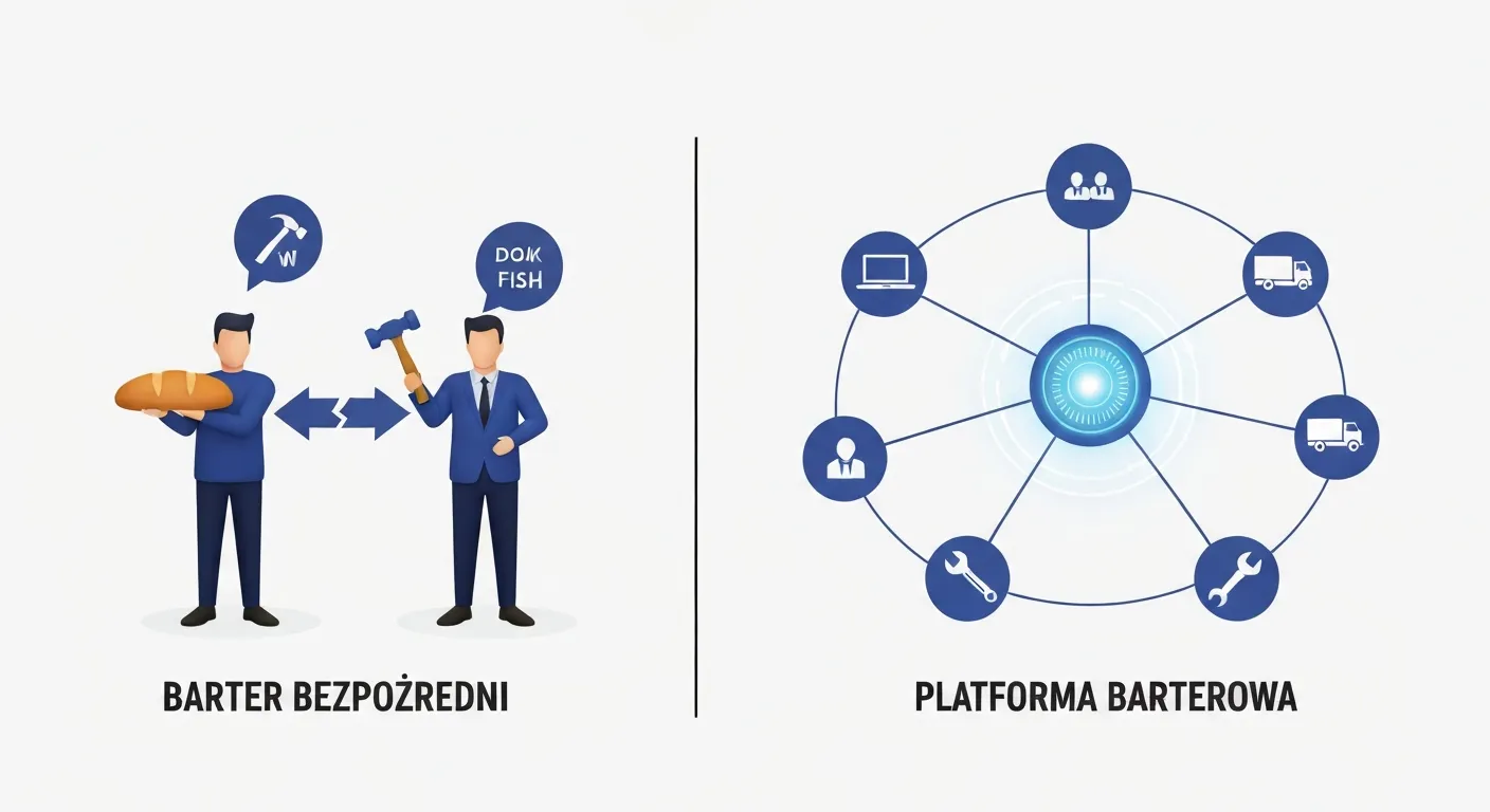 An infographic comparing direct barter with a multilateral barter platform. The left shows two people with incompatible needs. The right shows a network of diverse businesses connected to a central digital hub, easily trading services using a point system.