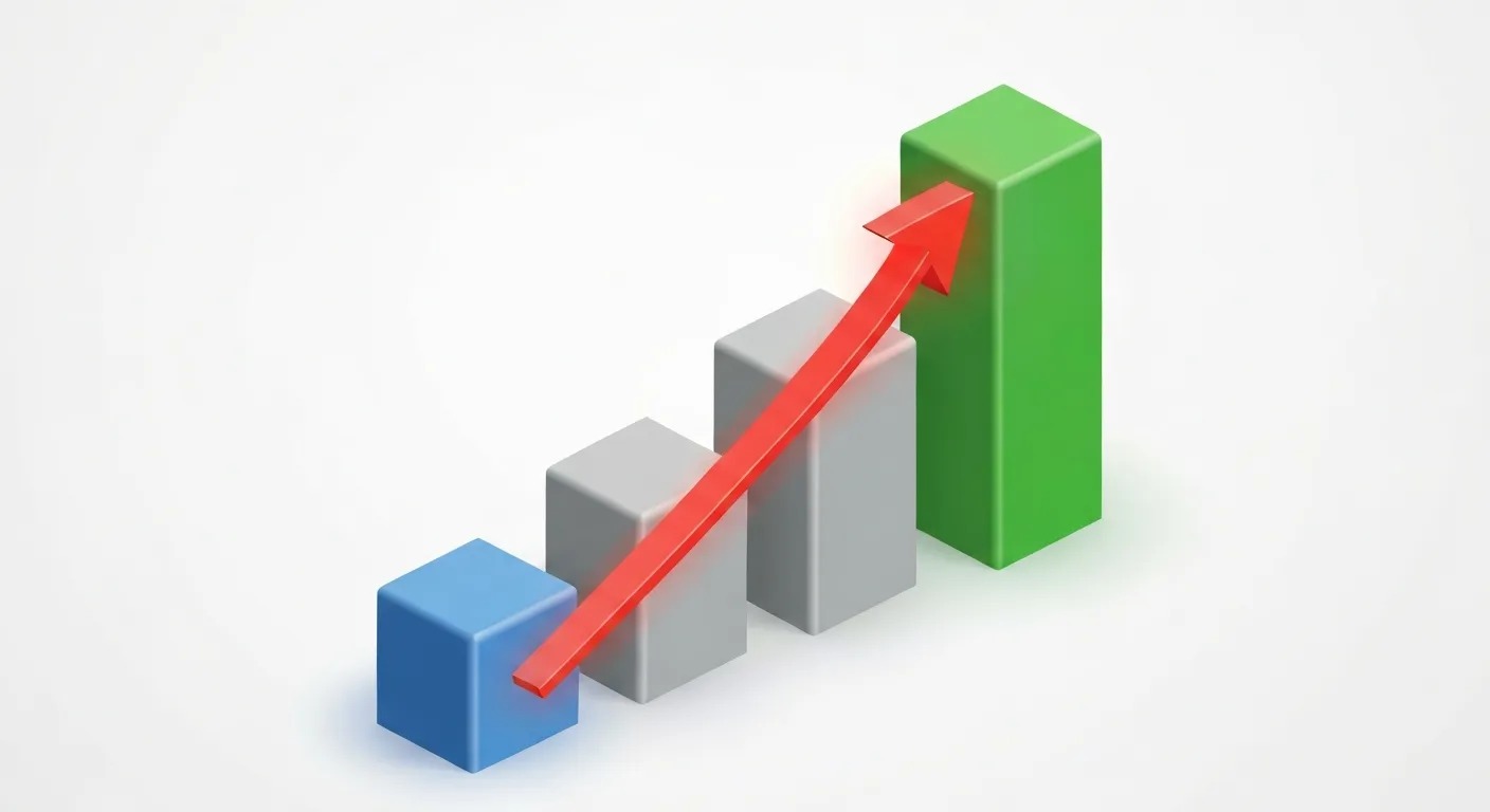 An isometric 3D bar chart illustrating the concept of a 'performance gap' in benchmarking. The first blue bar, labeled 'Your Company,' is shorter than the second gray bar, 'Competitor,' and the third, tallest green bar, 'Market Leader.' A glowing red arrow clearly indicates the gap between 'Your Company' and the 'Market Leader.'