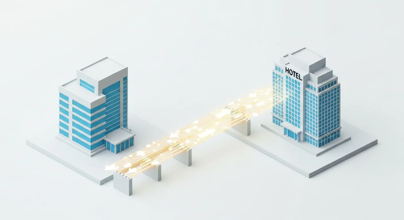 An illustration demonstrating functional benchmarking. On the left, a simplified isometric hospital building. On the right, a modern hotel building. A glowing bridge made of data particles and process arrows connects the two, symbolizing the hospital learning efficient check-in processes from the hospitality industry.