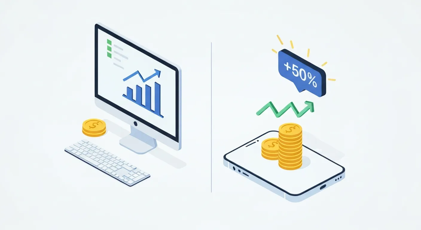 Ilustracja porównująca skuteczność reklam na różnych urządzeniach. Po jednej stronie widać komputer z mniejszą liczbą konwersji, a po drugiej smartfon z wyższym wskaźnikiem konwersji i symbolem podniesionej stawki, co ilustruje ideę bid adjustment.