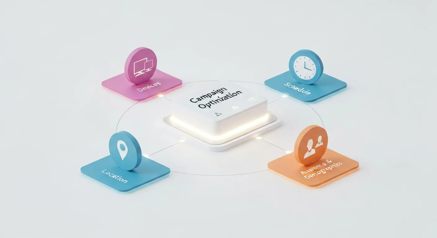 Wizualizacja kluczowych wymiarów optymalizacji stawek w Google Ads. Centralny panel kontrolny otoczony jest ikonami reprezentującymi urządzenia, lokalizację, czas i demografię odbiorców.