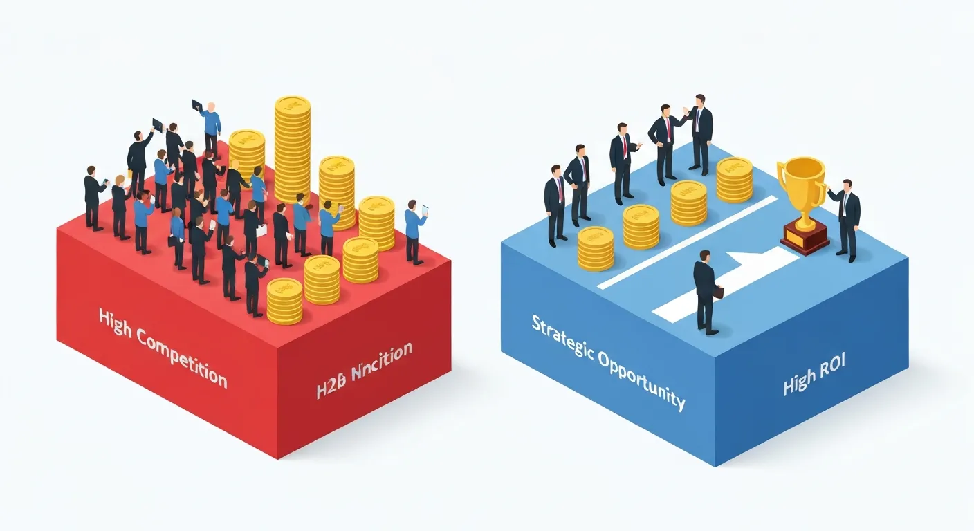 An abstract illustration comparing two platforms. One side is crowded with high cost icons, representing high competition. The other side is spacious with lower cost icons and valuable user profiles, representing the lower costs and unique audience on Bing Ads.