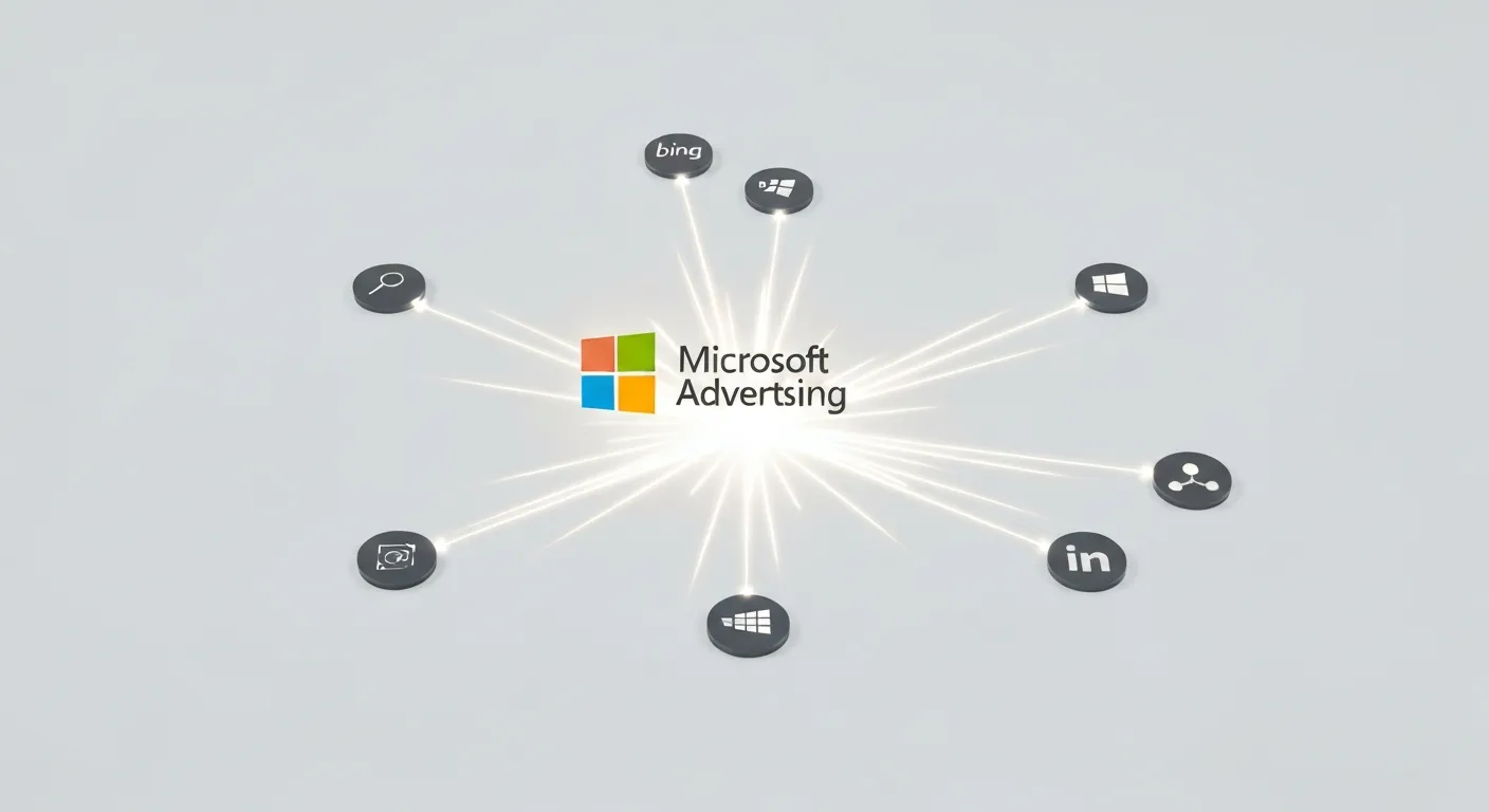 A network diagram showing the Microsoft Advertising logo at the center, connected by glowing data lines to other icons representing its ecosystem: Windows, Bing, Yahoo, AOL, and LinkedIn.