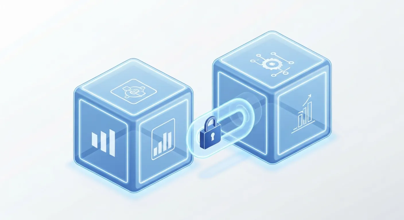 Ilustracja przedstawiająca koncepcję łańcucha bloków. Widoczne są trzy przezroczyste, cyfrowe bloki połączone świetlistym łańcuchem. Wewnątrz każdego bloku znajdują się ikony symbolizujące dane i transakcje. Każdy blok jest połączony z poprzednim za pomocą cyfrowej pieczęci (hash).