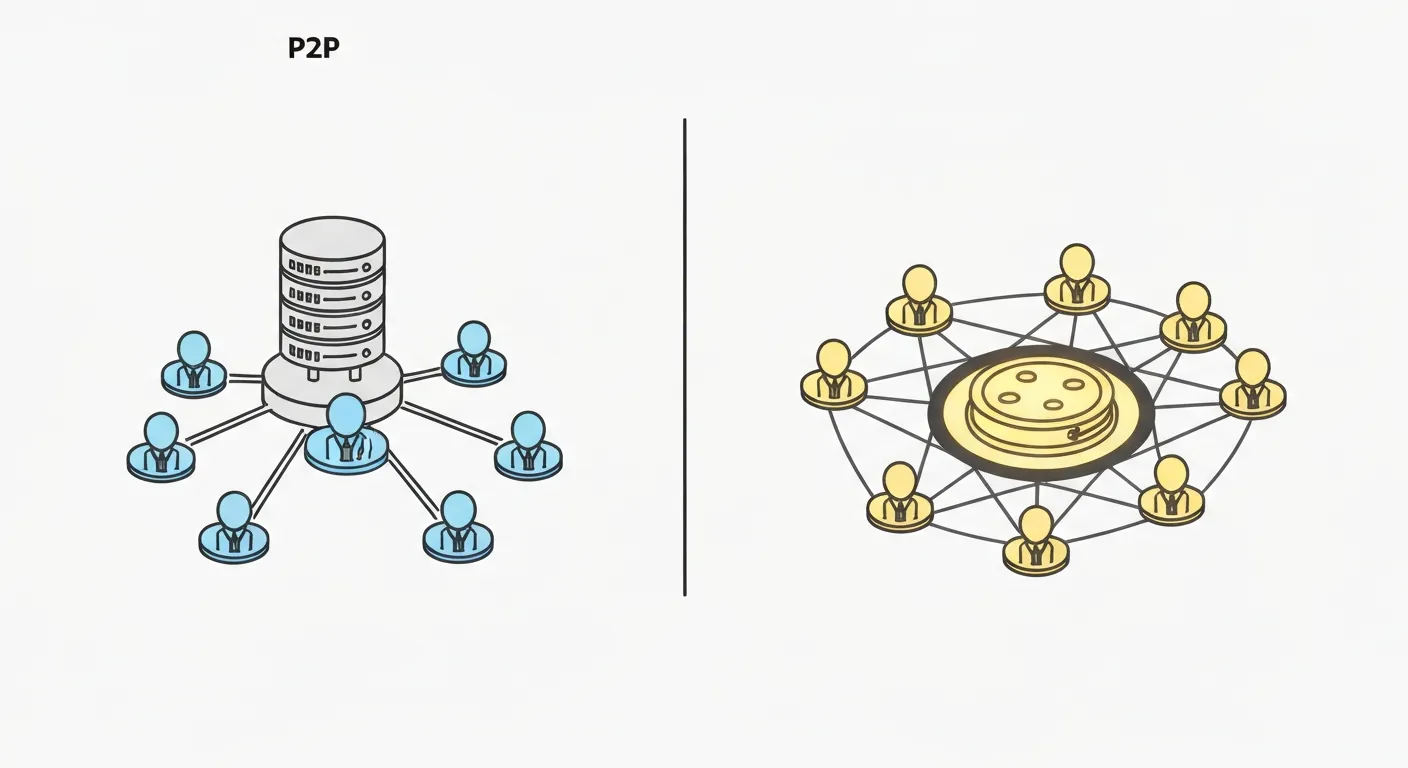 Diagram porównujący sieć scentralizowaną i zdecentralizowaną sieć blockchain. Po jednej stronie widać jeden centralny serwer, a po drugiej wiele połączonych ze sobą komputerów (węzłów), które wspólnie utrzymują sieć.