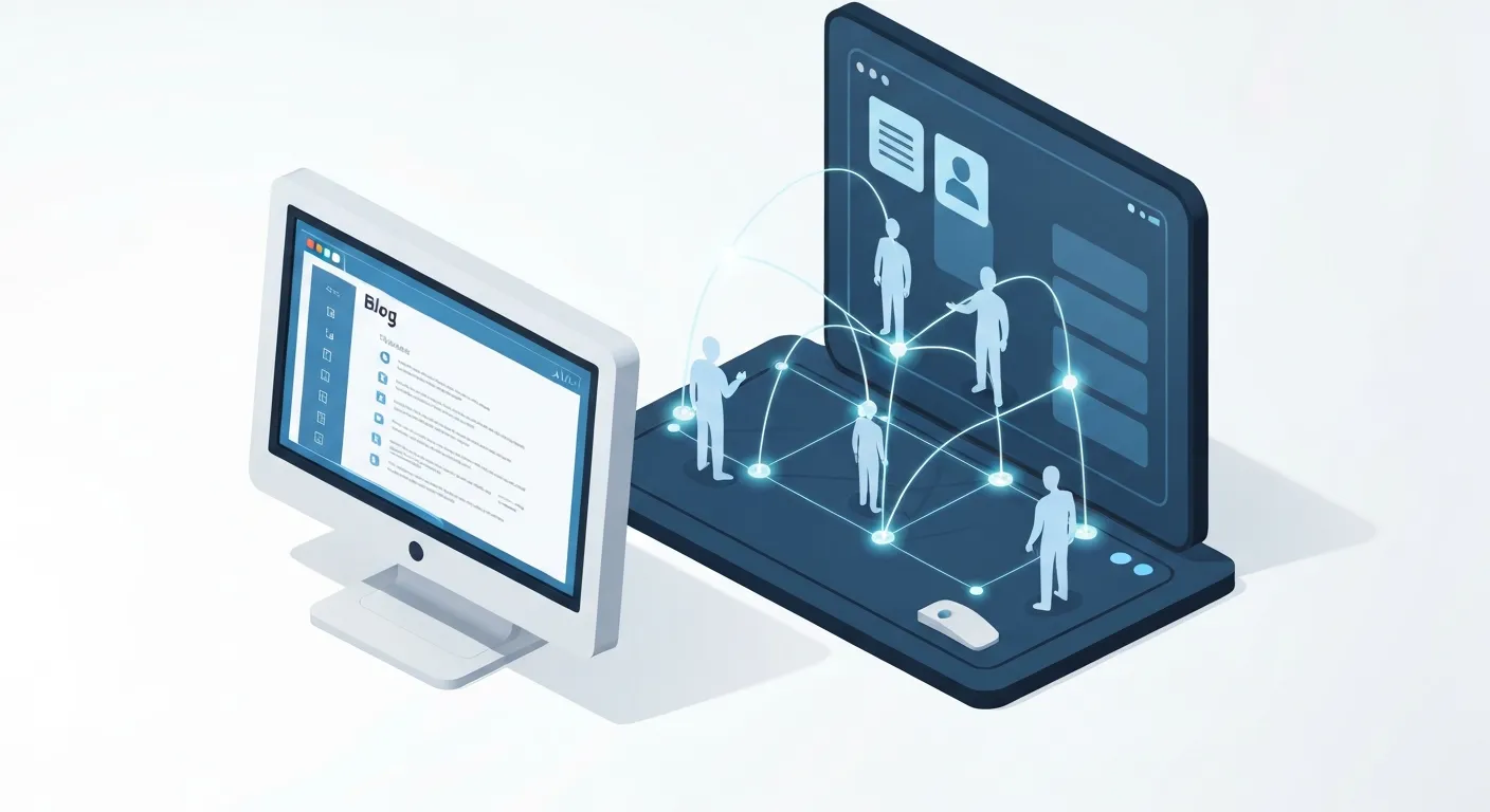 Ilustracja przedstawiająca historyczną ewolucję blogrolla, od prostej listy linków na klasycznym blogu z lat 2000 do nowoczesnego, zintegrowanego elementu strategii budowania relacji.