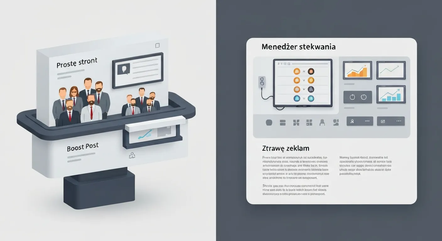 Ilustracja porównująca prostotę funkcji 'Boost Post' ze złożonością Menedżera Reklam. Po lewej stronie prosty panel z jednym przyciskiem, po prawej skomplikowany pulpit z wieloma wykresami i opcjami.