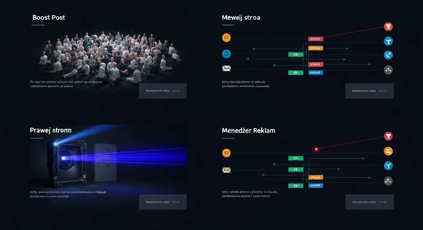 Wizualizacja różnicy w targetowaniu odbiorców. Szeroki, rozmyty promień światła (Boost Post) oświetla dużą grupę, podczas gdy precyzyjny promień lasera (Menedżer Reklam) trafia w konkretne osoby.