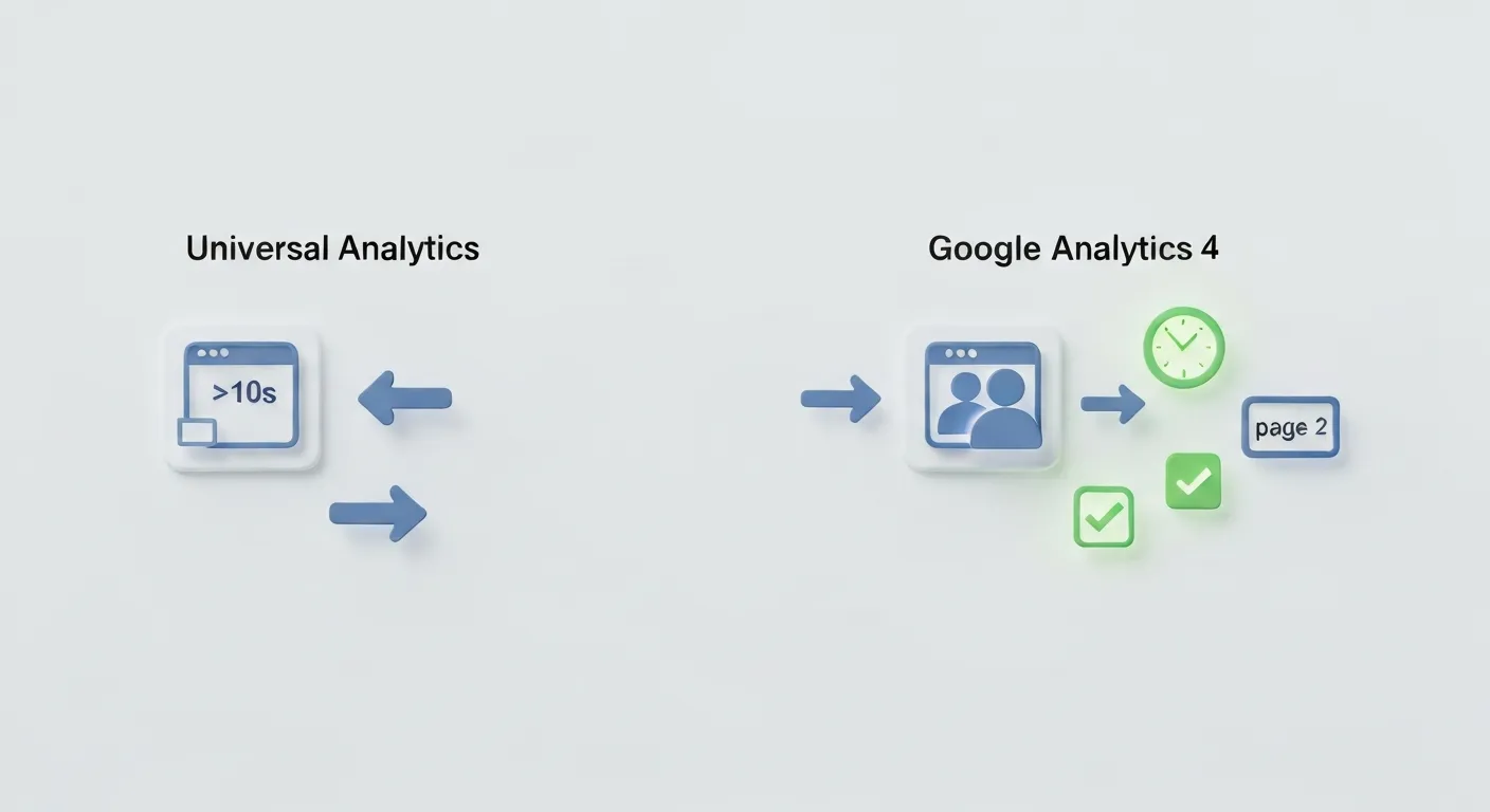 Infografika porównująca działanie współczynnika odrzuceń w Universal Analytics i Google Analytics 4. Po lewej stronie prosta strzałka wchodząca i natychmiast wychodząca ze strony symbolizuje UA. Po prawej stronie, w GA4, użytkownik pozostaje na stronie, a wokół niego pojawiają się ikony zaangażowania: zegar, ikona konwersji i ikona kliknięcia.