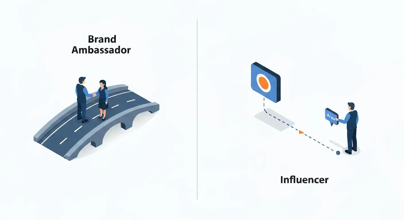 An isometric illustration comparing a brand ambassador and an influencer. The ambassador side shows a deep, long-term connection with a brand, while the influencer side shows a simple, short-term transaction.
