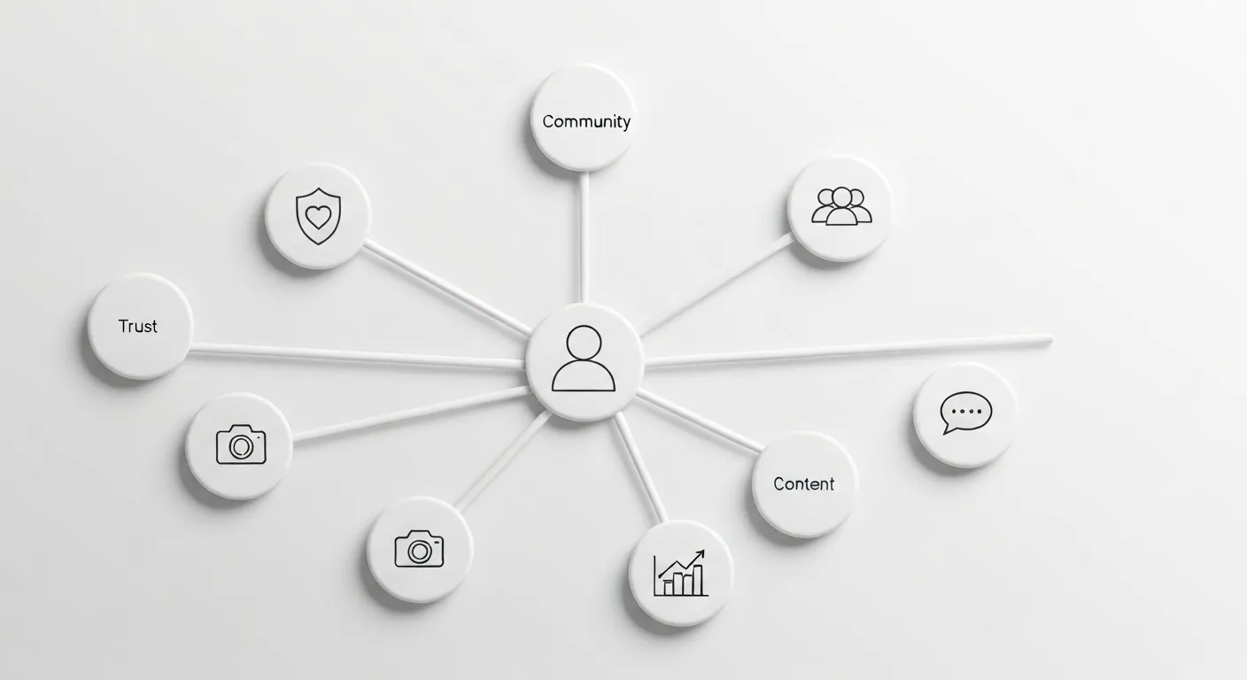 An abstract data visualization showing the benefits of a brand ambassador program. A central figure connects to icons representing trust, community growth, authentic content, and sales, illustrating the positive impact.