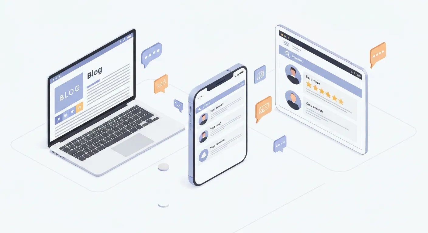 Ilustracja izometryczna pokazująca różne źródła wzmianek o marce: smartfon z ikonami mediów społecznościowych, laptop z otwartym blogiem i tablet z opiniami klientów. Wszystkie urządzenia wyświetlają tę samą nazwę marki, pokazując wielokanałowość brand mention.