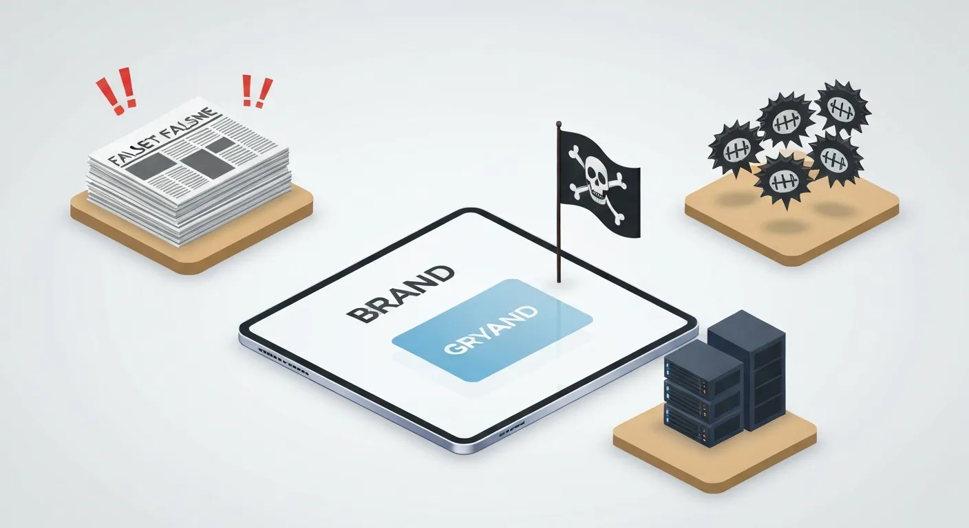 An isometric illustration showing a central digital billboard with a brand's ad. It is surrounded by several floating islands, each representing a different online threat: one with a newspaper spewing fake news, another with pirate symbols, and a third with toxic comment bubbles and hate speech icons.