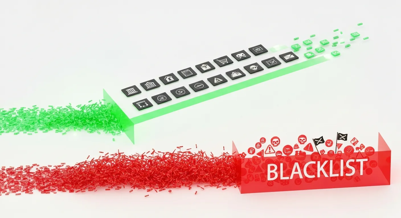An abstract data visualization of brand safety strategy. A stream of data splits into two paths. One path is a clean, green line leading to a secure group of approved website icons (whitelists). The other path is red and is blocked by a large, red digital wall (blacklists), preventing it from reaching a chaotic cluster of dangerous website icons.