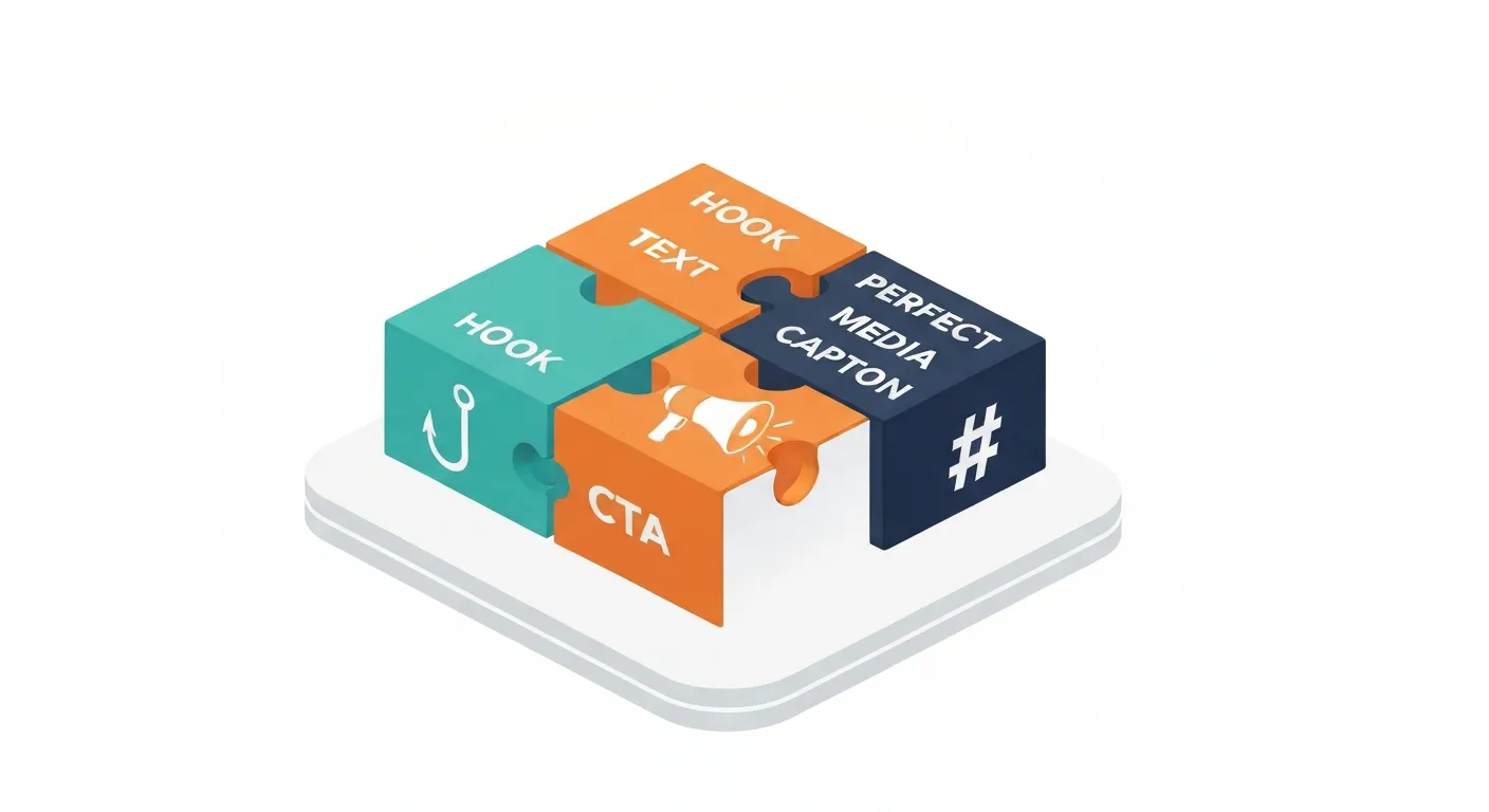 An isometric illustration breaking down the anatomy of a perfect caption into four distinct blocks: a hook with a fishhook icon, a body with a paragraph icon, a call-to-action with a megaphone icon, and hashtags with a '#' symbol, all fitting together perfectly.