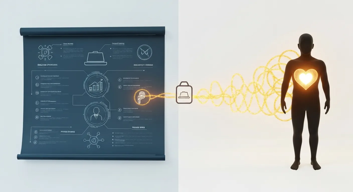 A conceptual illustration contrasting two approaches. On the left, a cold, rigid blueprint with technical features. On the right, a warm, organic story being told, represented by a golden thread connecting a product to a person's heart, illustrating the power of storytelling over selling.