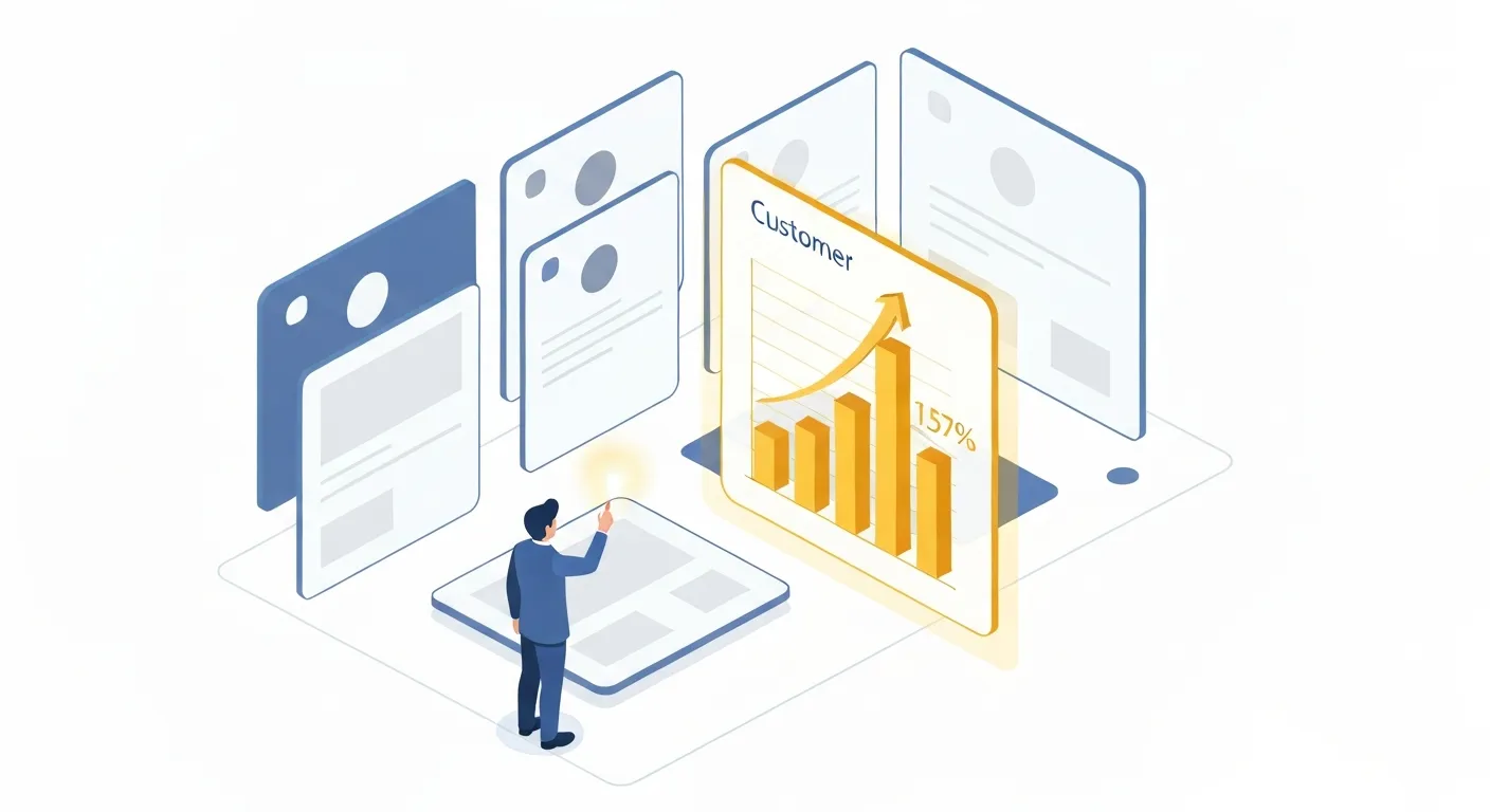 An isometric business illustration showing a strategist carefully selecting the ideal client for a case study. The chosen client profile is highlighted and glowing, showing impressive, measurable results like rising charts and key metrics.
