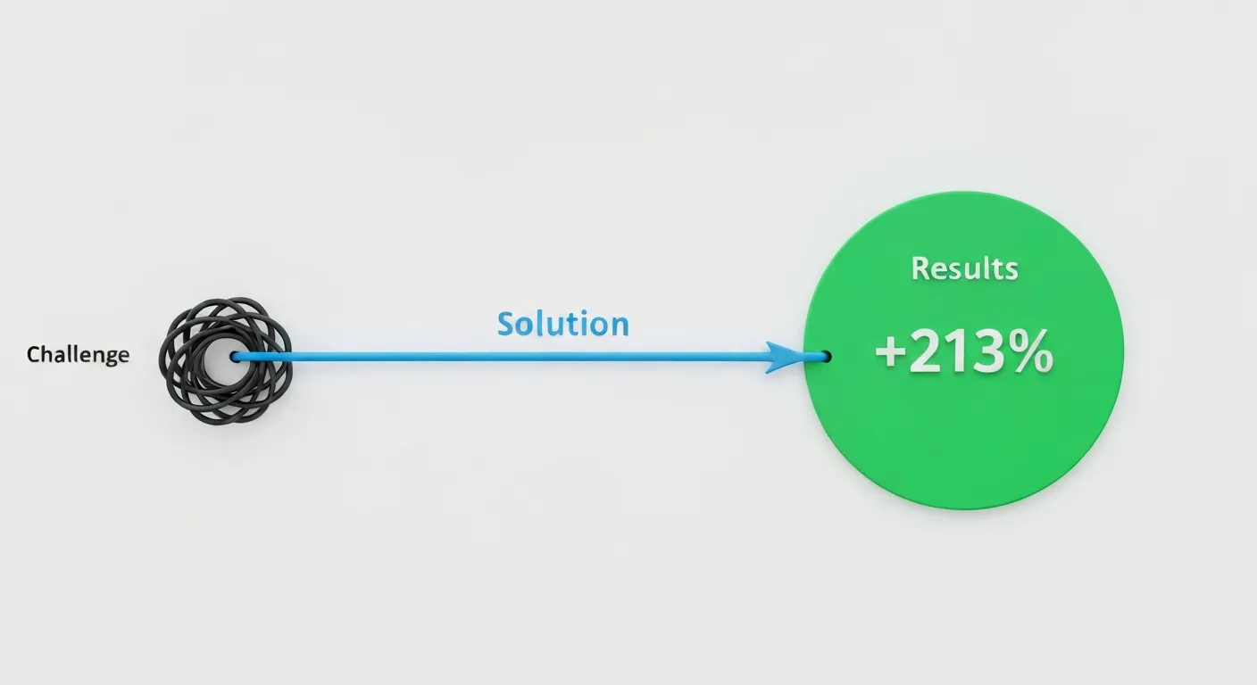 An abstract visualization of a case study's narrative structure, showing a clear path from a complex problem, through a guided solution, to a successful and measurable result, represented by a high percentage growth.
