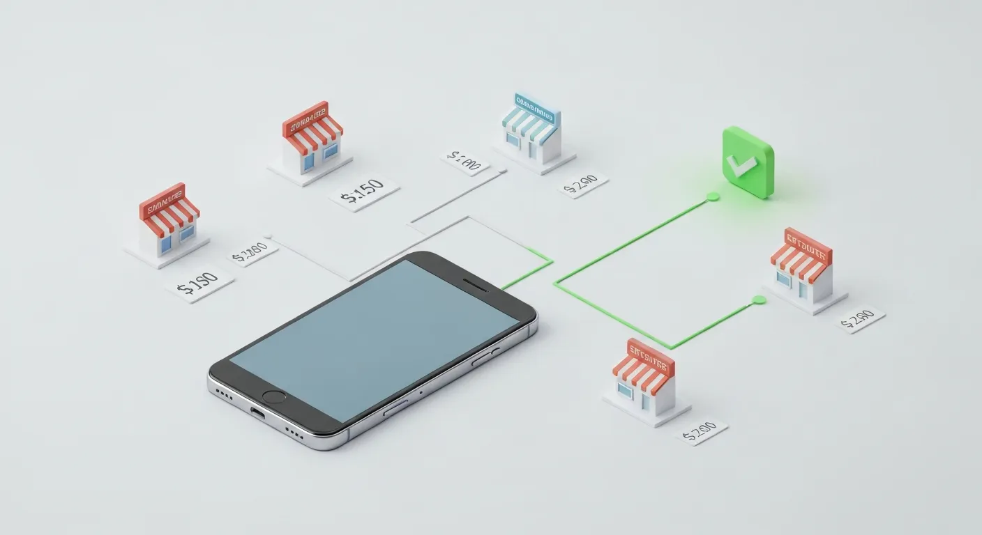 Infografika przedstawiająca mechanizm działania porównywarki cen Ceneo: centralny produkt, taki jak smartfon, jest połączony z wieloma sklepami online, a najtańsza oferta jest wyraźnie podświetlona.