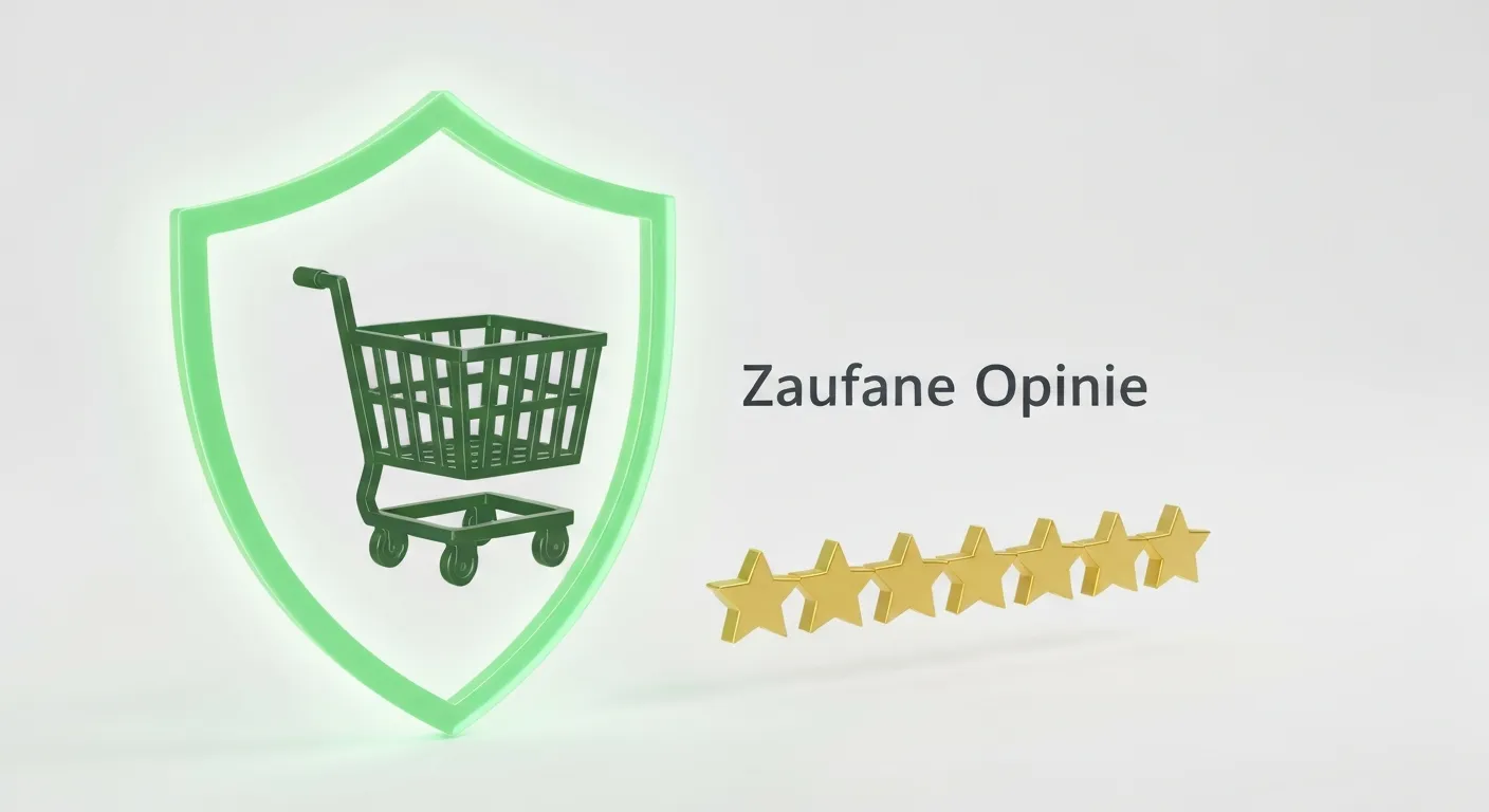 Symboliczna grafika 3D ilustrująca bezpieczeństwo zakupów i zaufane opinie na Ceneo, z ikoną tarczy chroniącą koszyk i gwiazdkami oceny.