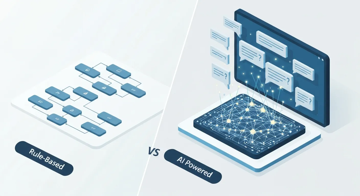 Izometryczna ilustracja porównująca dwa rodzaje chatbotów. Po lewej stronie prosty, sztywny schemat blokowy reprezentujący chatbota opartego na regułach. Po prawej złożona, dynamiczna sieć neuronowa przetwarzająca ludzką mowę, symbolizująca chatbota opartego na AI.