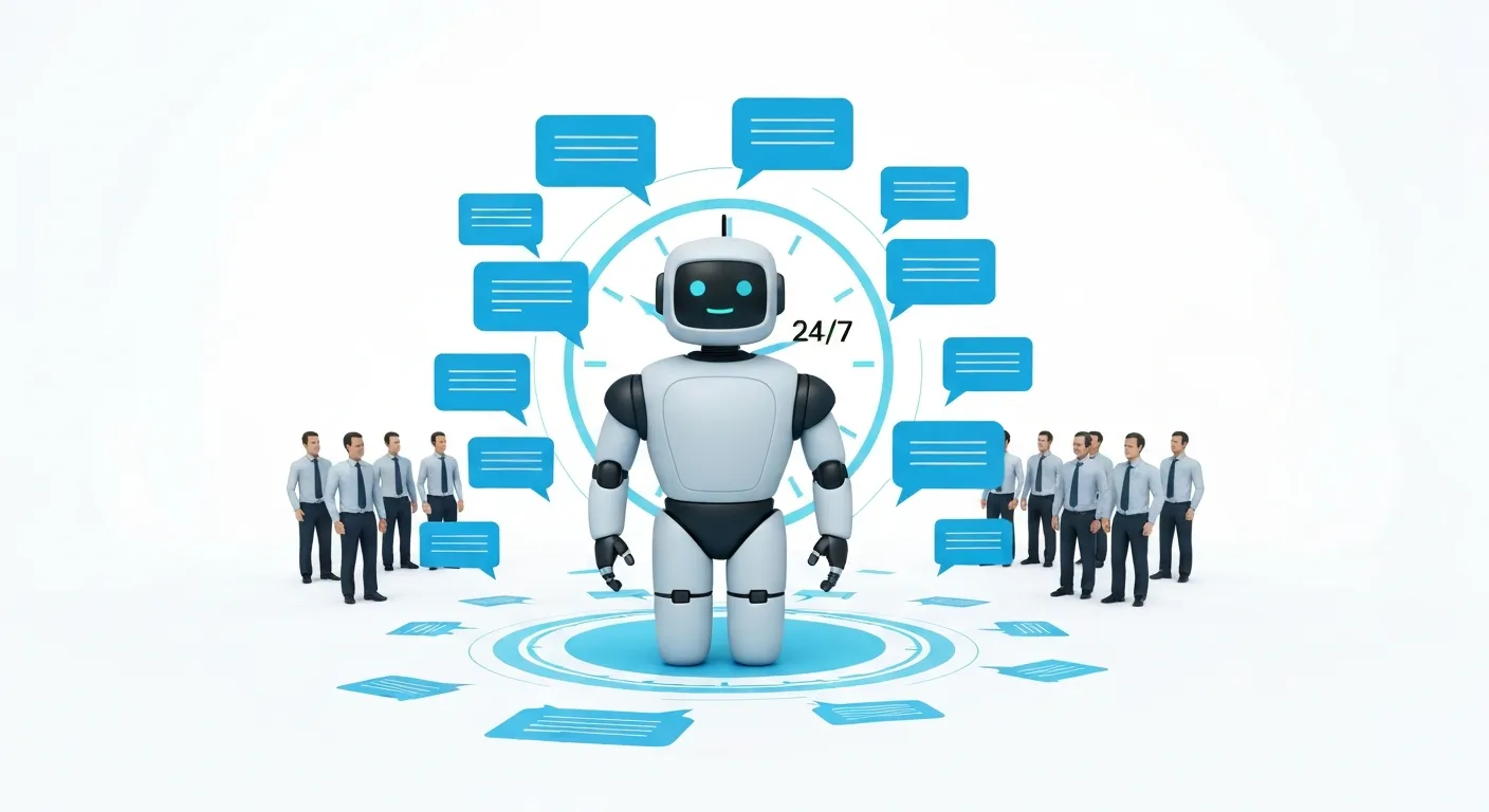 Ilustracja pokazująca transformację obsługi klienta dzięki chatbotom. Centralny symbol chatbota bez wysiłku zarządza setkami jednoczesnych rozmów z klientami, podczas gdy w tle zadowoleni pracownicy mogą skupić się na bardziej złożonych zadaniach.