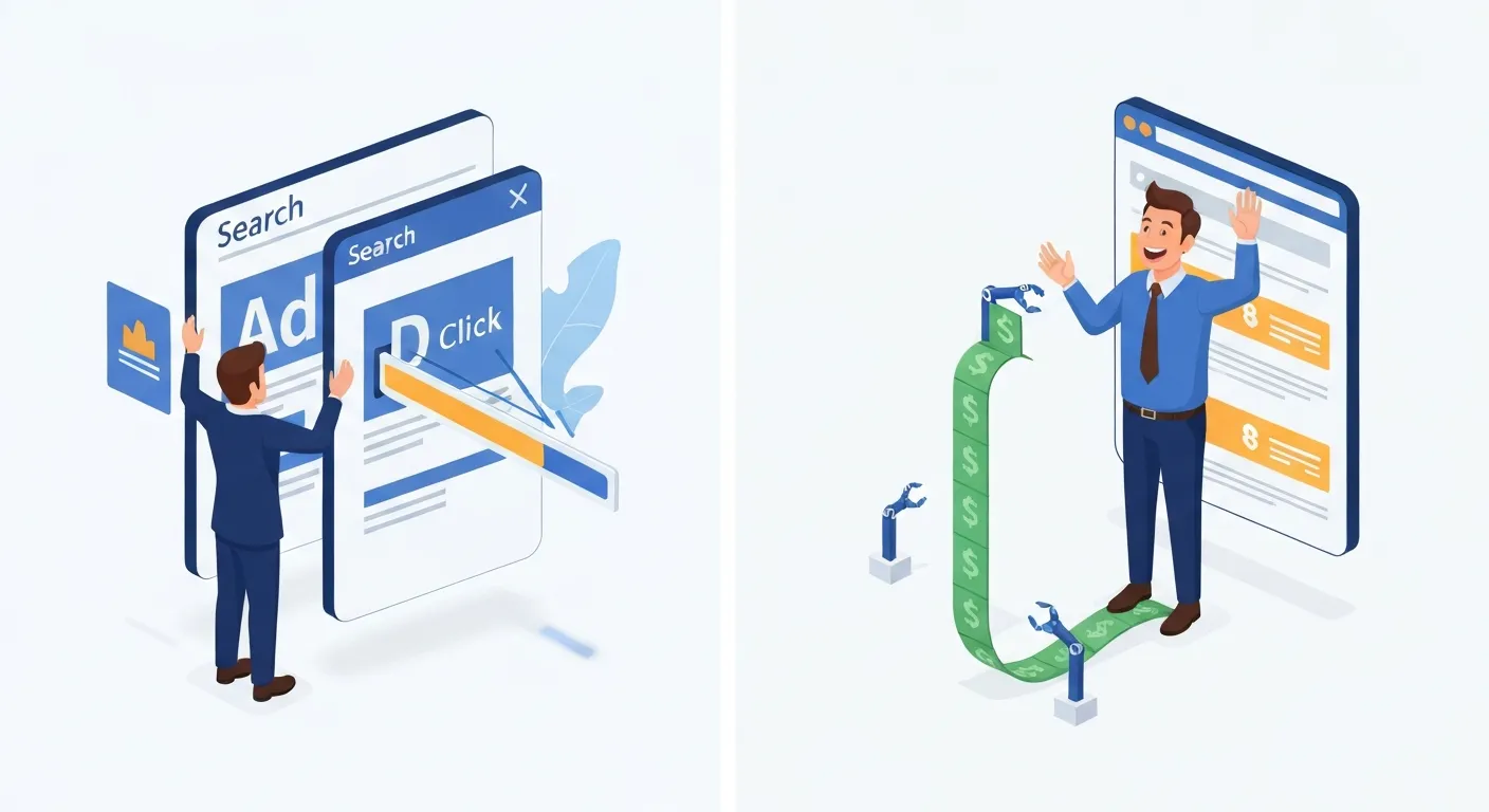 An isometric illustration comparing the two main motivations for click fraud: a competitor sabotaging an ad campaign versus a dishonest publisher using bots to earn money.