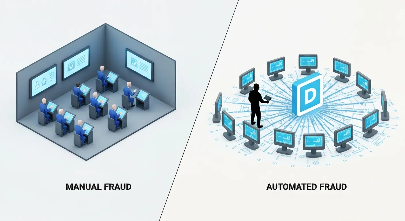 A visual comparison of manual click fraud, represented by a click farm, and automated click fraud, represented by a sophisticated botnet.