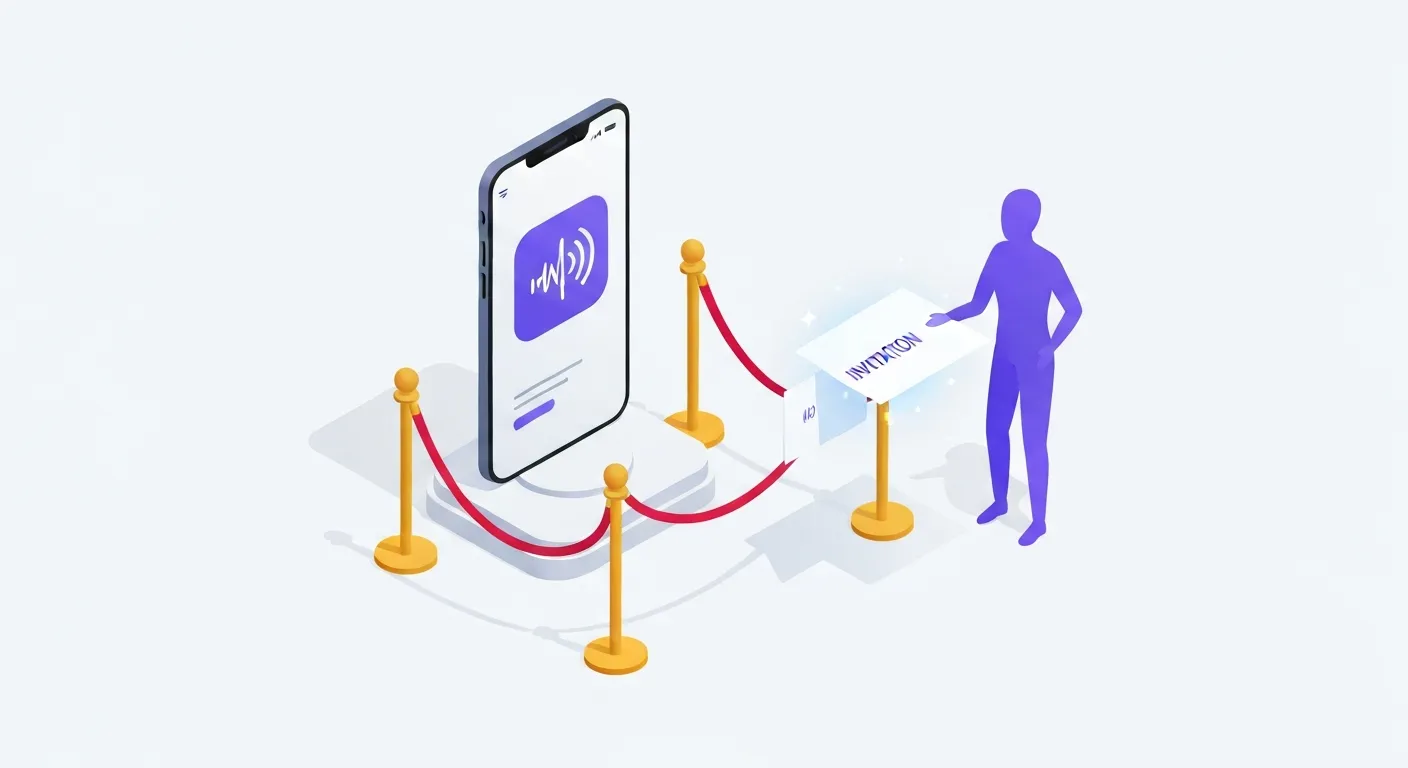 Ilustracja symbolizująca ekskluzywność Clubhouse. Smartfon z ikoną aplikacji stoi za aksamitną liną, jak w elitarnym klubie, a do nowej osoby przekazywane jest cyfrowe zaproszenie, podkreślając model oparty na zaproszeniach.