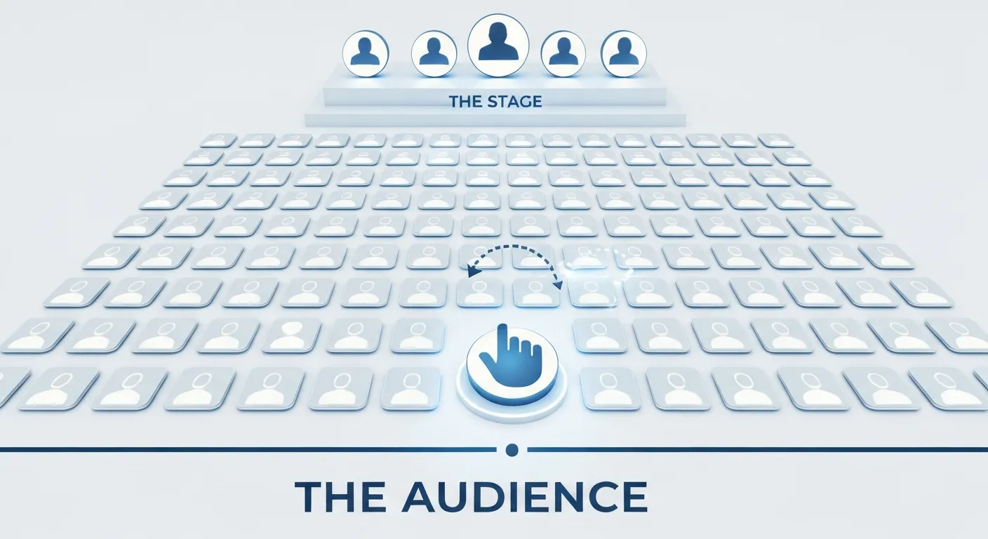 Schemat działania pokoju w aplikacji Clubhouse. Na górze widać podwyższoną 'scenę' z ikonami mówców, na dole liczną 'publiczność', a jedna z postaci z publiczności ma ikonę podniesionej ręki, symbolizującą chęć zabrania głosu.