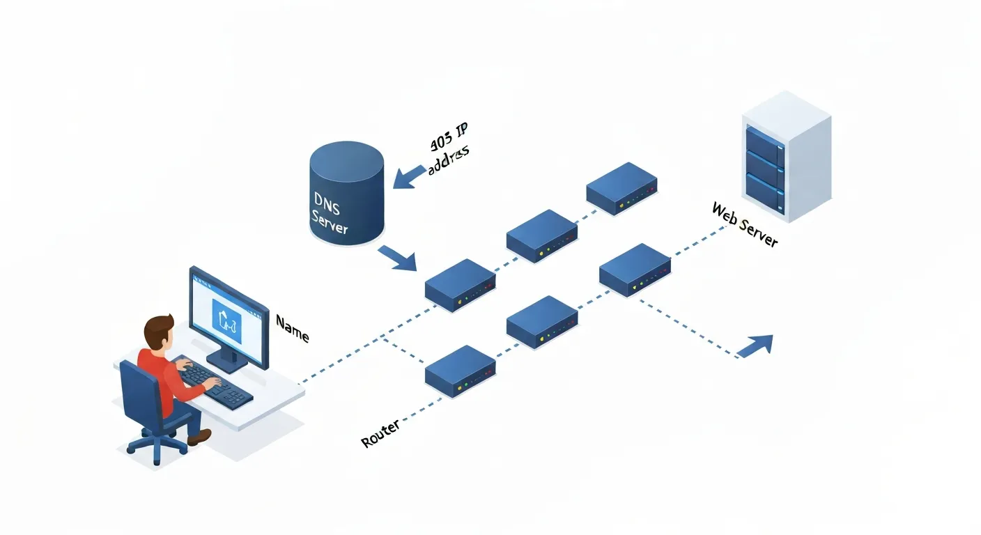 Izometryczna ilustracja wyjaśniająca działanie adresu IP. Pokazuje użytkownika przy laptopie, serwer DNS jako 'książkę adresową internetu', routery oraz serwer docelowy, ze strzałkami obrazującymi przepływ danych i zapytań w sieci.