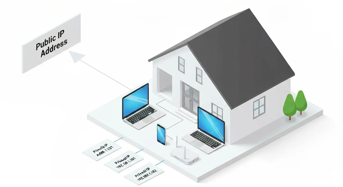 Infografika w stylu izometrycznym porównująca publiczny i prywatny adres IP. Przedstawia budynek mieszkalny z jednym adresem publicznym na zewnątrz oraz, wewnątrz, router łączący urządzenia (laptop, smartfon) z własnymi, prywatnymi adresami IP.