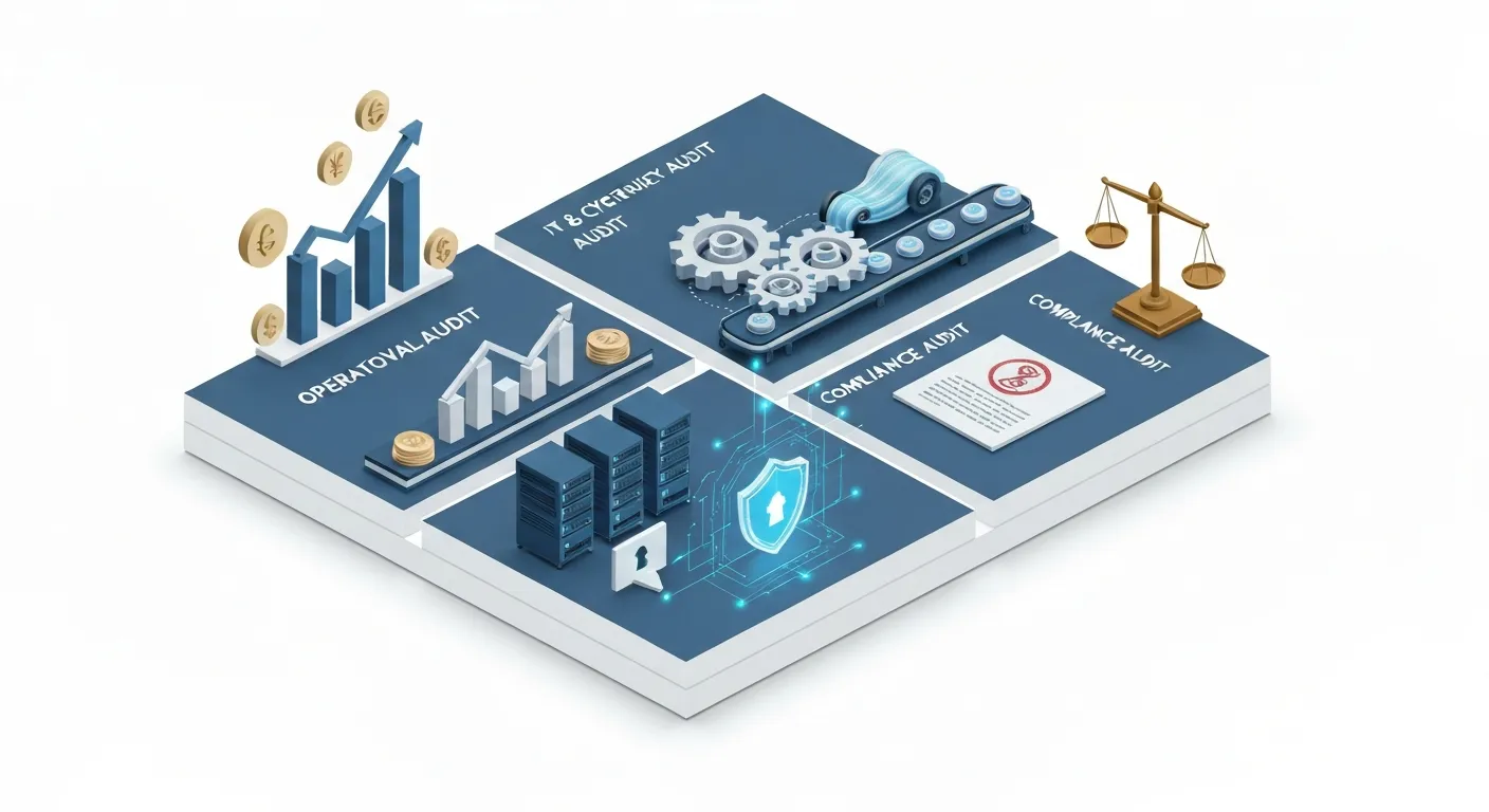 Izometryczna ilustracja pokazująca różne rodzaje audytów biznesowych jako oddzielne, wyspecjalizowane działy w nowoczesnym biurze, w tym audyt finansowy, operacyjny i IT.