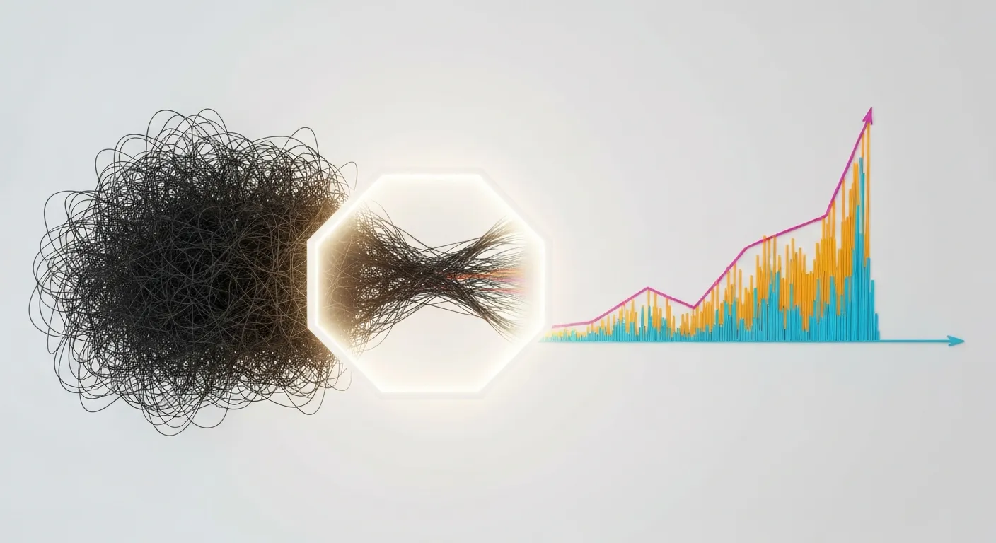 Abstrakcyjna wizualizacja korzyści płynących z audytu, gdzie chaotyczne linie danych są przekształcane w uporządkowany i rosnący wykres, symbolizując optymalizację i redukcję ryzyka.