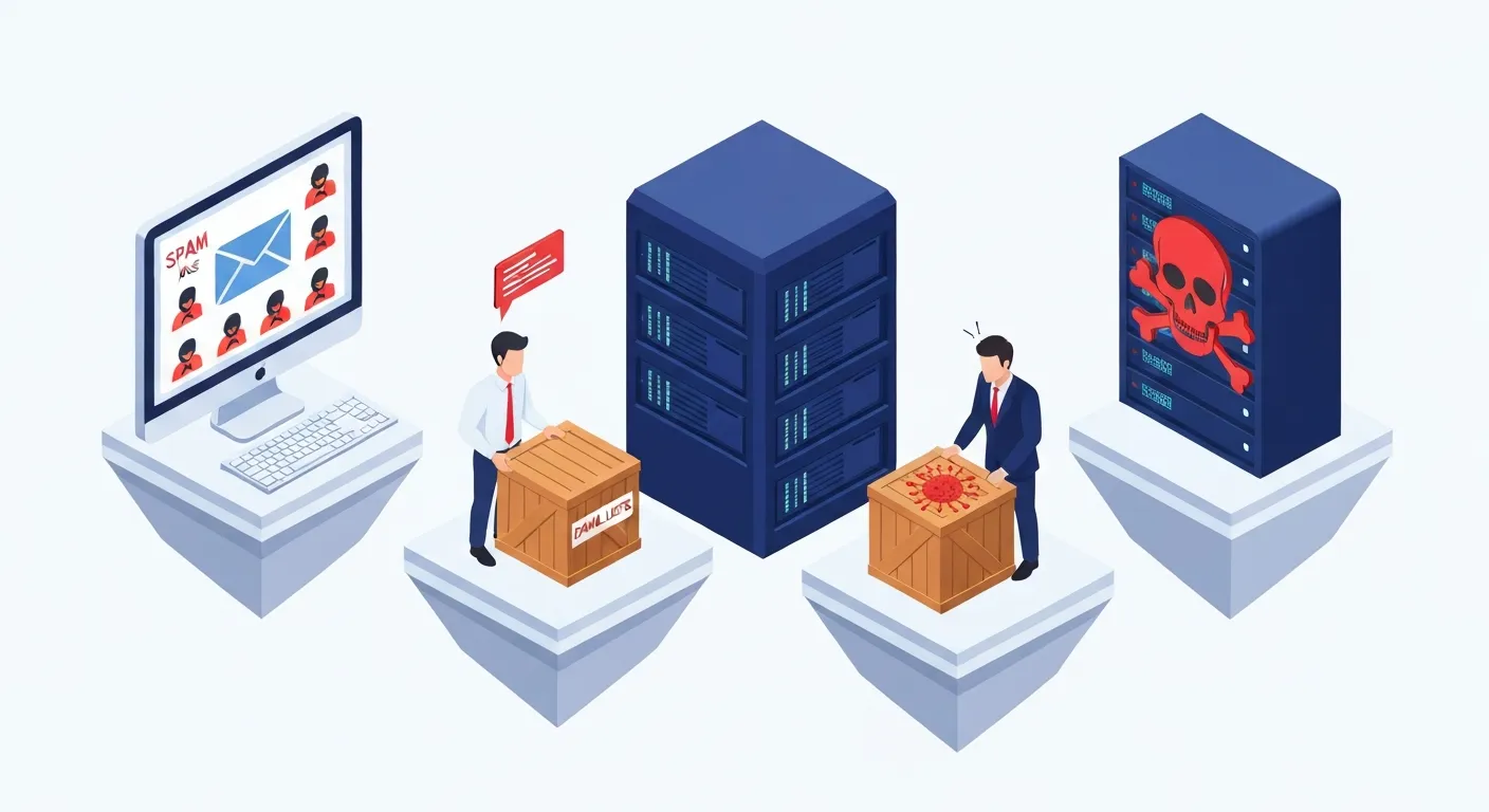 Ilustracja izometryczna pokazująca najczęstsze przyczyny trafienia na blacklistę: serwer zainfekowany wirusem, kupowanie nielegalnych list mailingowych, oraz wysoki wskaźnik skarg na spam od użytkowników.