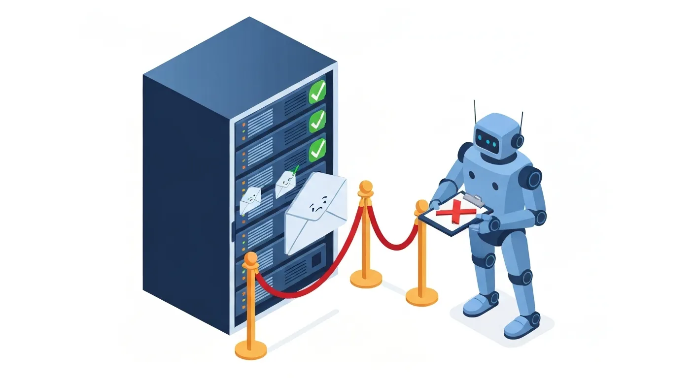 Metaforyczna ilustracja serwera pocztowego jako ekskluzywnego klubu. Ochroniarz-robot blokuje wejście wiadomości e-mail, która znajduje się na czarnej liście, podczas gdy inne, zweryfikowane wiadomości swobodnie wchodzą do środka.
