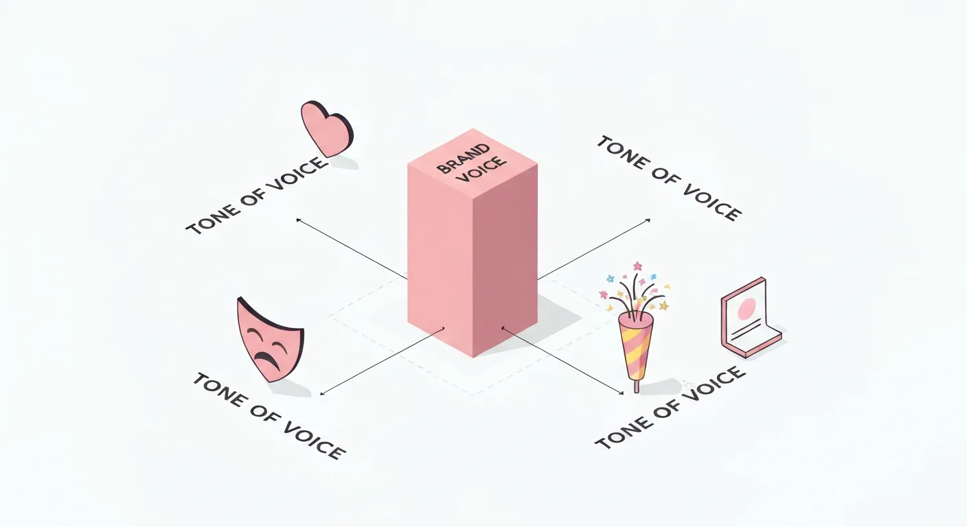 Ilustracja pokazująca różnicę między głosem marki a tonem głosu. Solidny, stały rdzeń z napisem 'Brand Voice' jest otoczony przez różne, zmieniające się maski emocjonalne z napisem 'Tone of Voice', co obrazuje stałą osobowość i zmienną modulację.