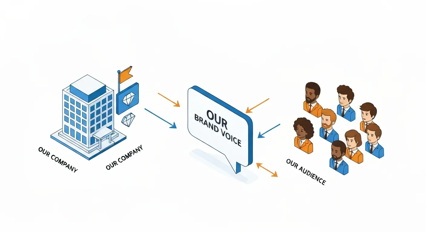 Ilustracja przedstawiająca fundamenty budowania głosu marki. Po jednej stronie widać ikony symbolizujące wewnętrzne wartości firmy (misja, wizja), a po drugiej ikony przedstawiające persony klientów (grupa docelowa), co pokazuje, że brand voice jest połączeniem tych dwóch elementów.