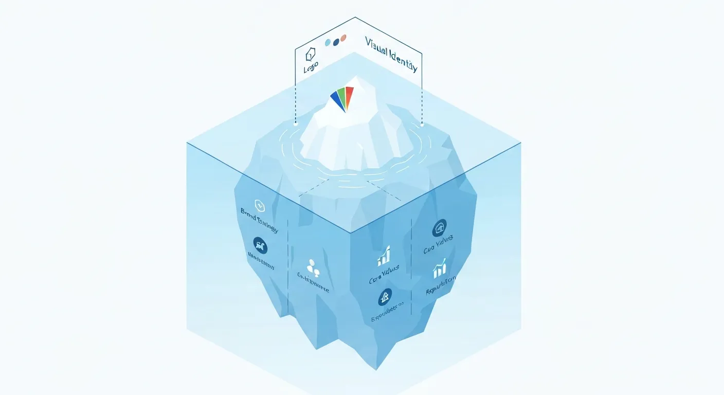 An illustration of an iceberg symbolizing branding. The visible tip is labeled 'Visual Identity' with a logo and colors, while the much larger underwater section is labeled with 'Strategy', 'Values', 'Customer Experience', and 'Reputation'.