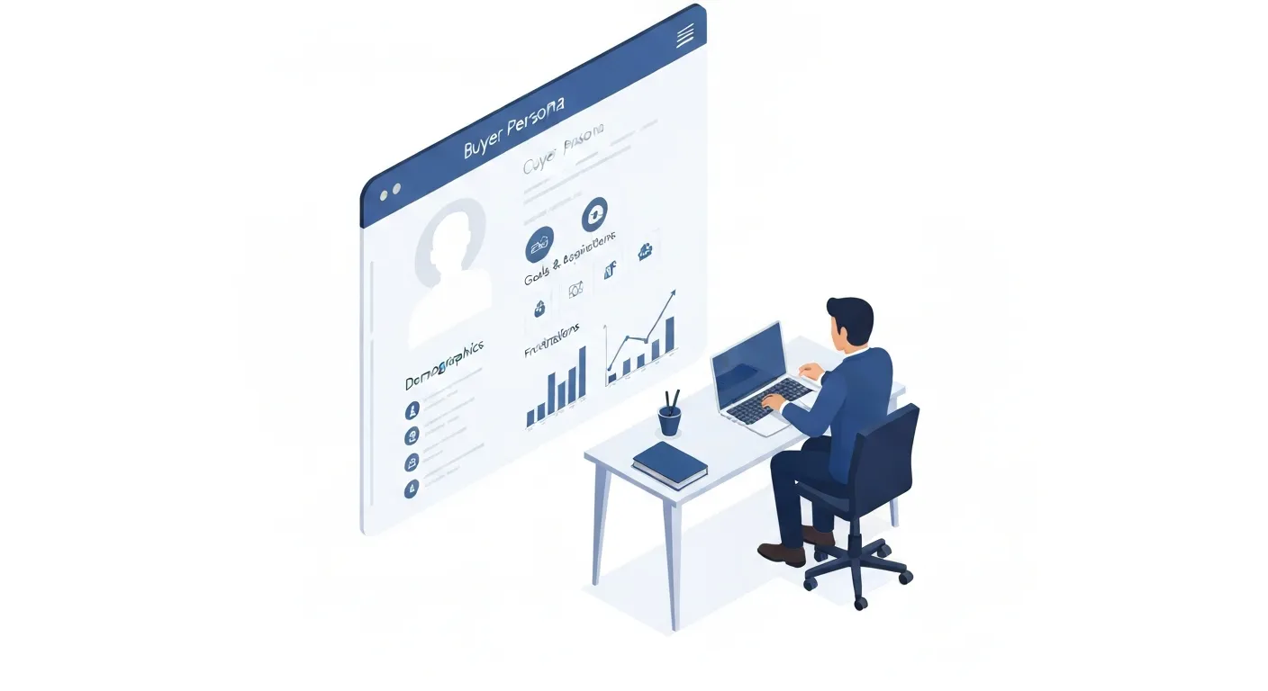 A marketing strategist creating a buyer persona on a virtual screen. The profile shows a customer's demographic data, goals, frustrations, and values, illustrating the process of defining a target audience for branding.