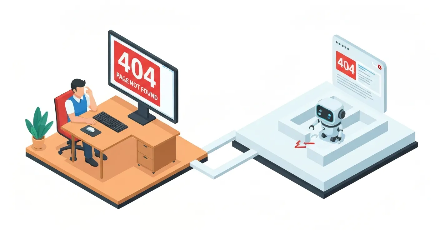 Izometryczna ilustracja pokazująca negatywny wpływ uszkodzonych linków. Po jednej stronie sfrustrowany użytkownik z błędem 404 na ekranie, a po drugiej robot wyszukiwarki w ślepym zaułku, co symbolizuje zmarnowany budżet na indeksowanie.