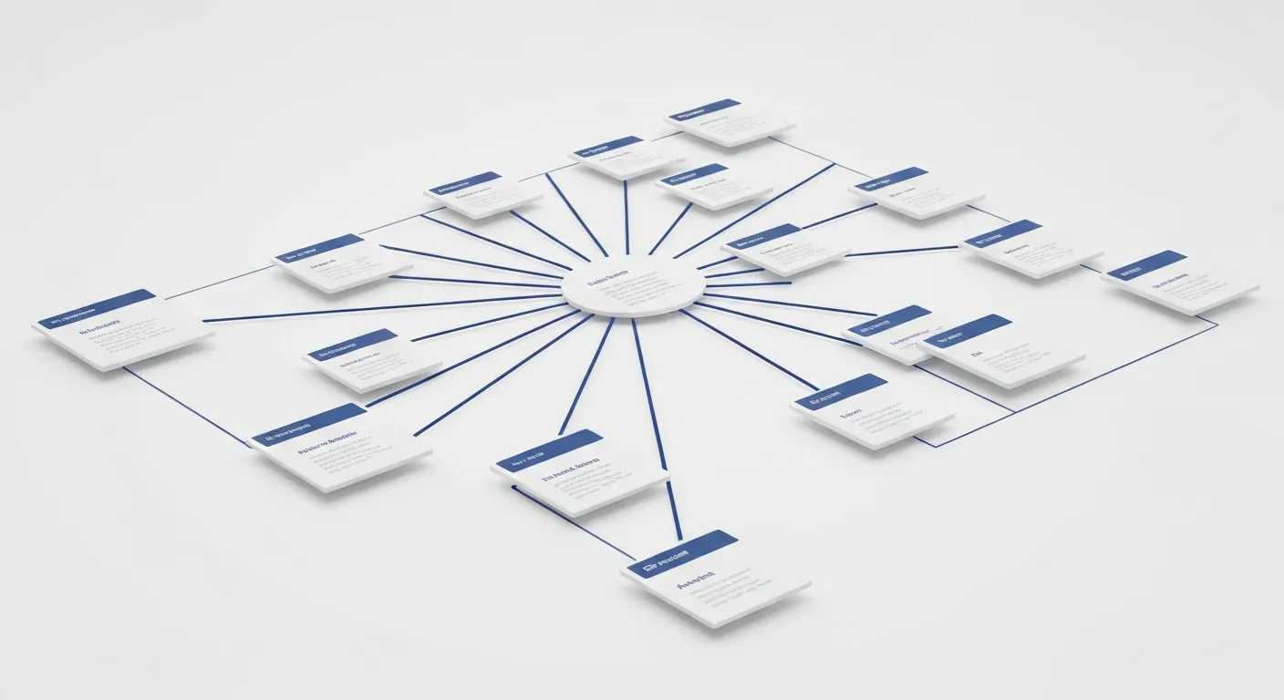 Abstrakcyjna wizualizacja danych przedstawiająca proces znajdowania uszkodzonych linków. Widać sieć połączonych ze sobą punktów, gdzie niektóre połączenia są przerwane i podświetlone na czerwono przez narzędzie analityczne.