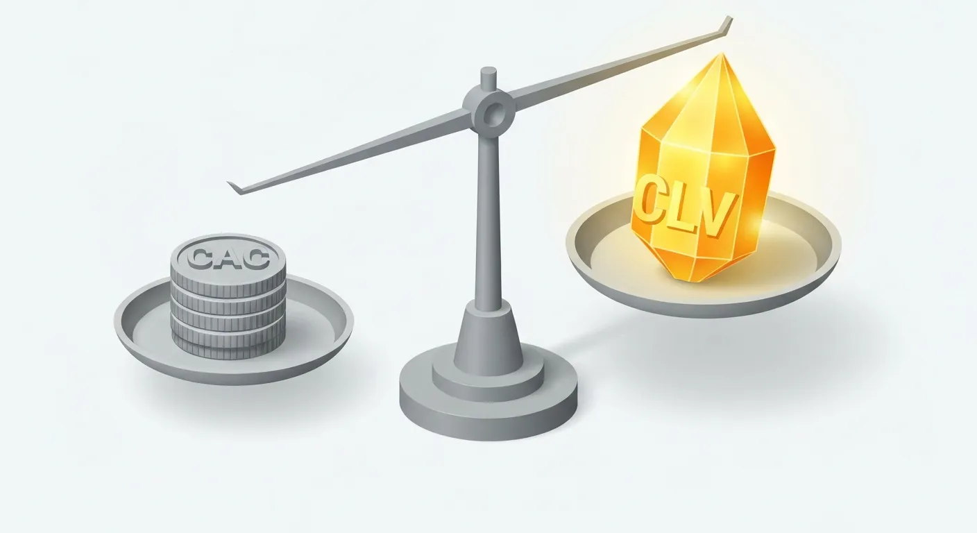 Ilustracja izometryczna przedstawiająca wagę, na której duży, złoty kryształ z napisem CLV wyraźnie przeważa mały stos monet z napisem CAC, co symbolizuje kluczową zasadę biznesową, że Wartość Życia Klienta powinna być wyższa niż Koszt Pozyskania Klienta.