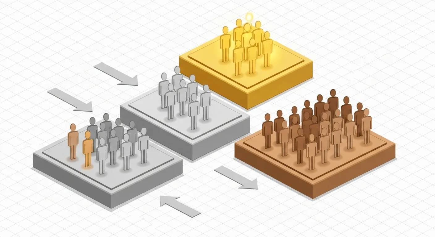 Wizualizacja 3D przedstawiająca segmentację klientów na podstawie CLV. Stylizowane postacie ludzkie stoją na trzech podium o różnej wysokości: najwyższe złote podium dla klientów VIP, średnie srebrne dla klientów o średniej wartości i najniższe brązowe dla klientów o niskiej wartości.