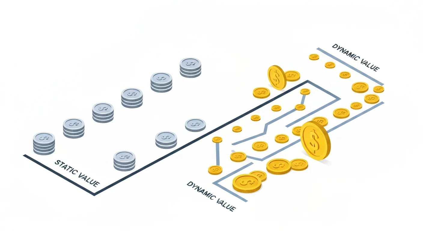 Ilustracja porównująca statyczną i dynamiczną wartość konwersji. Po lewej stronie widać ścieżkę z identycznymi monetami, symbolizującą stałą wartość. Po prawej, ścieżka z monetami o różnych rozmiarach, co ilustruje dynamiczną wartość, np. w e-commerce.