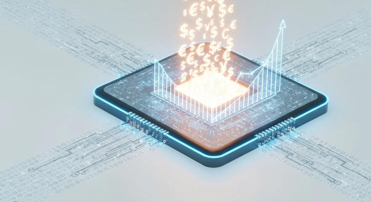 Abstrakcyjna wizualizacja pokazująca, jak dane o wartości konwersji (conversion value) zasilają inteligentne algorytmy reklamowe. Strumień danych z symbolami walut wpływa do cyfrowego mózgu, który w odpowiedzi generuje wykres rosnącego ROAS.