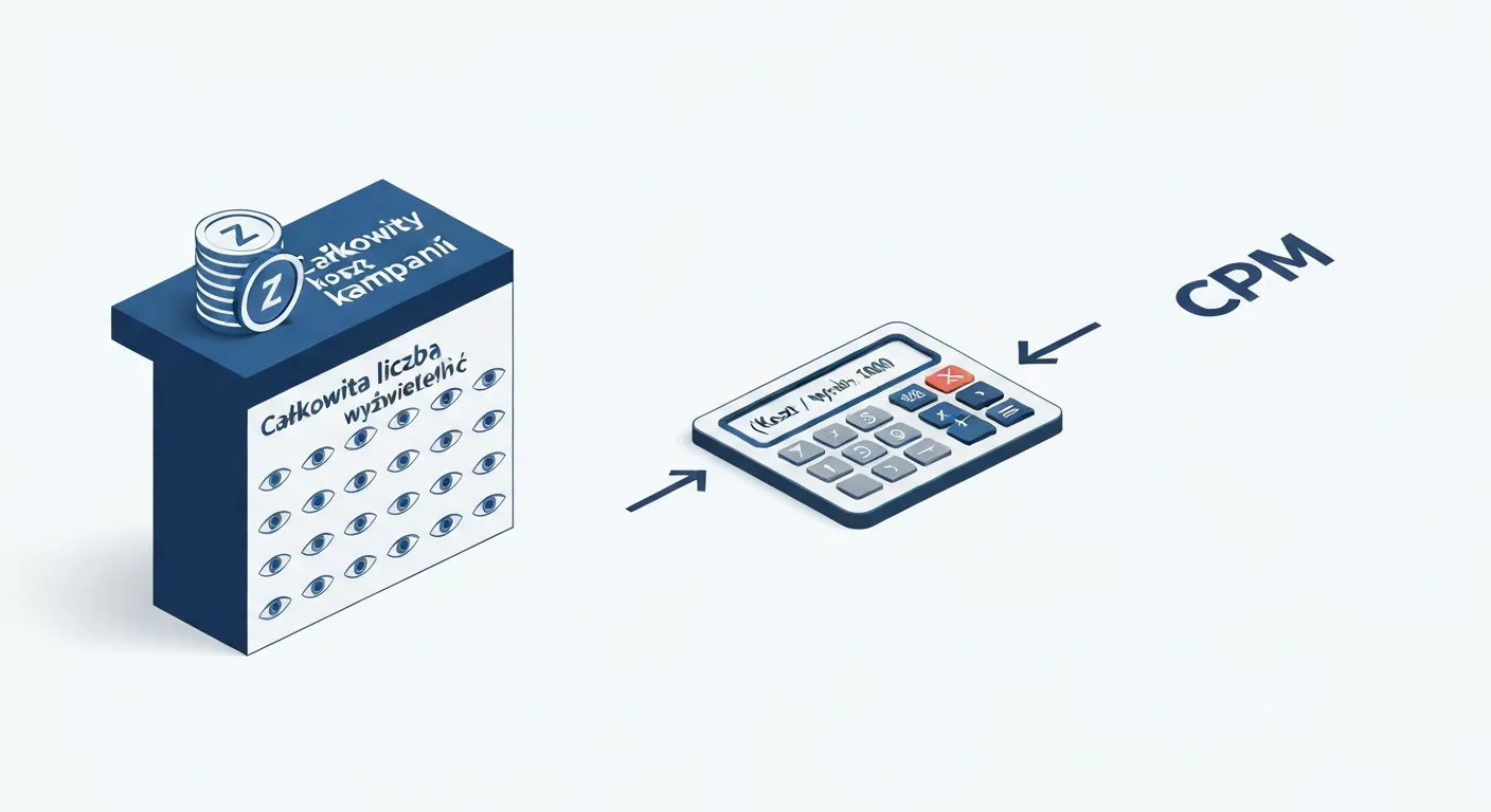 Ilustracja izometryczna pokazująca wzór na obliczenie CPM. Grafika przedstawia elementy składowe: ikonę kosztu kampanii, ikonę dużej liczby wyświetleń oraz symbol mnożenia przez 1000, co prowadzi do finalnego wyniku wskaźnika CPM.