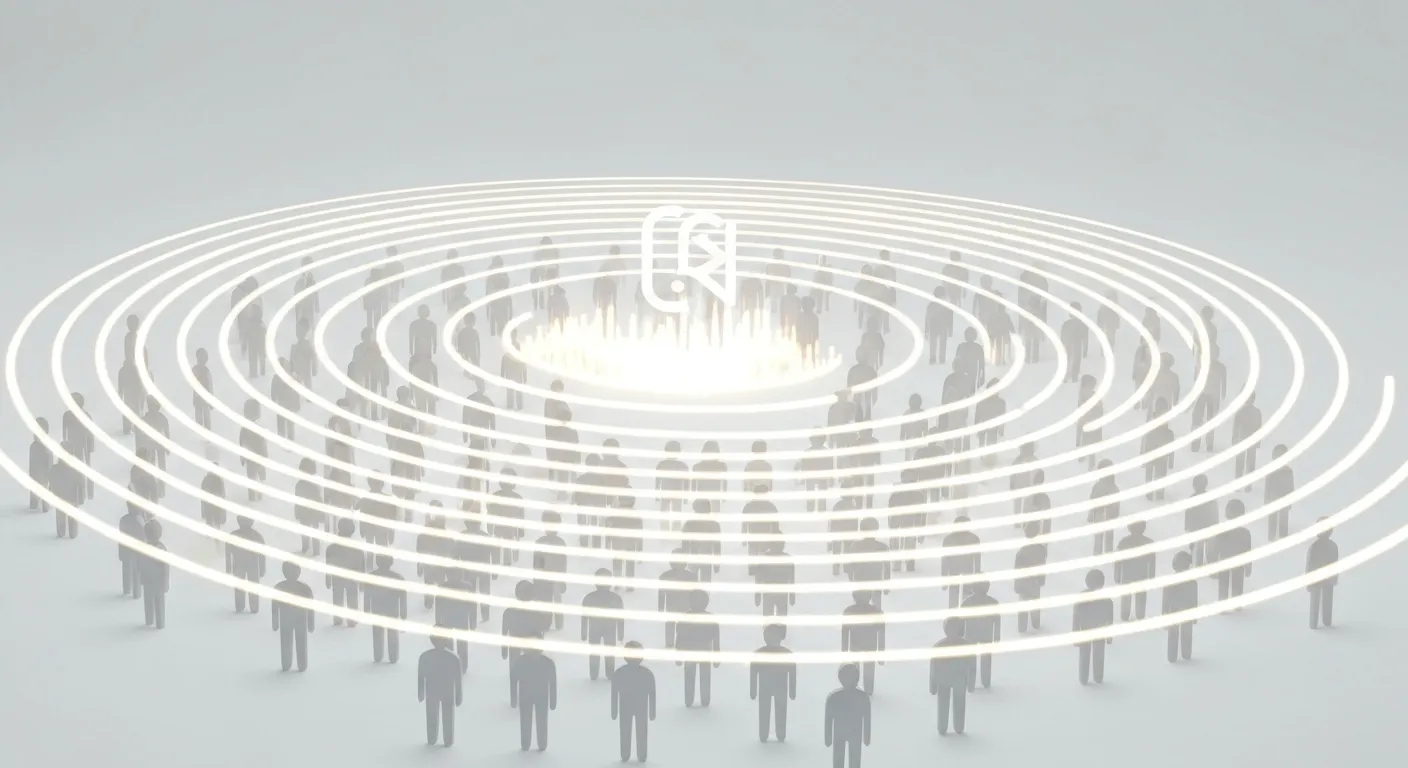 Abstrakcyjna wizualizacja kampanii budującej świadomość marki. Centralny symbol marki emituje koncentryczne fale, które docierają do szerokiej, zróżnicowanej publiczności przedstawionej jako stylizowane sylwetki, co ilustruje masowy zasięg modelu CPM.