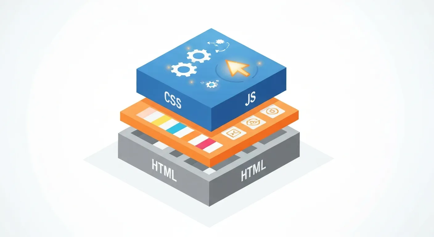 Diagram izometryczny ilustrujący separację warstw w tworzeniu stron internetowych. Trzy oddzielne, ale połączone ze sobą bloki reprezentują HTML (fundament), CSS (wygląd wizualny) i JavaScript (interaktywność), pokazując ich współdziałanie.